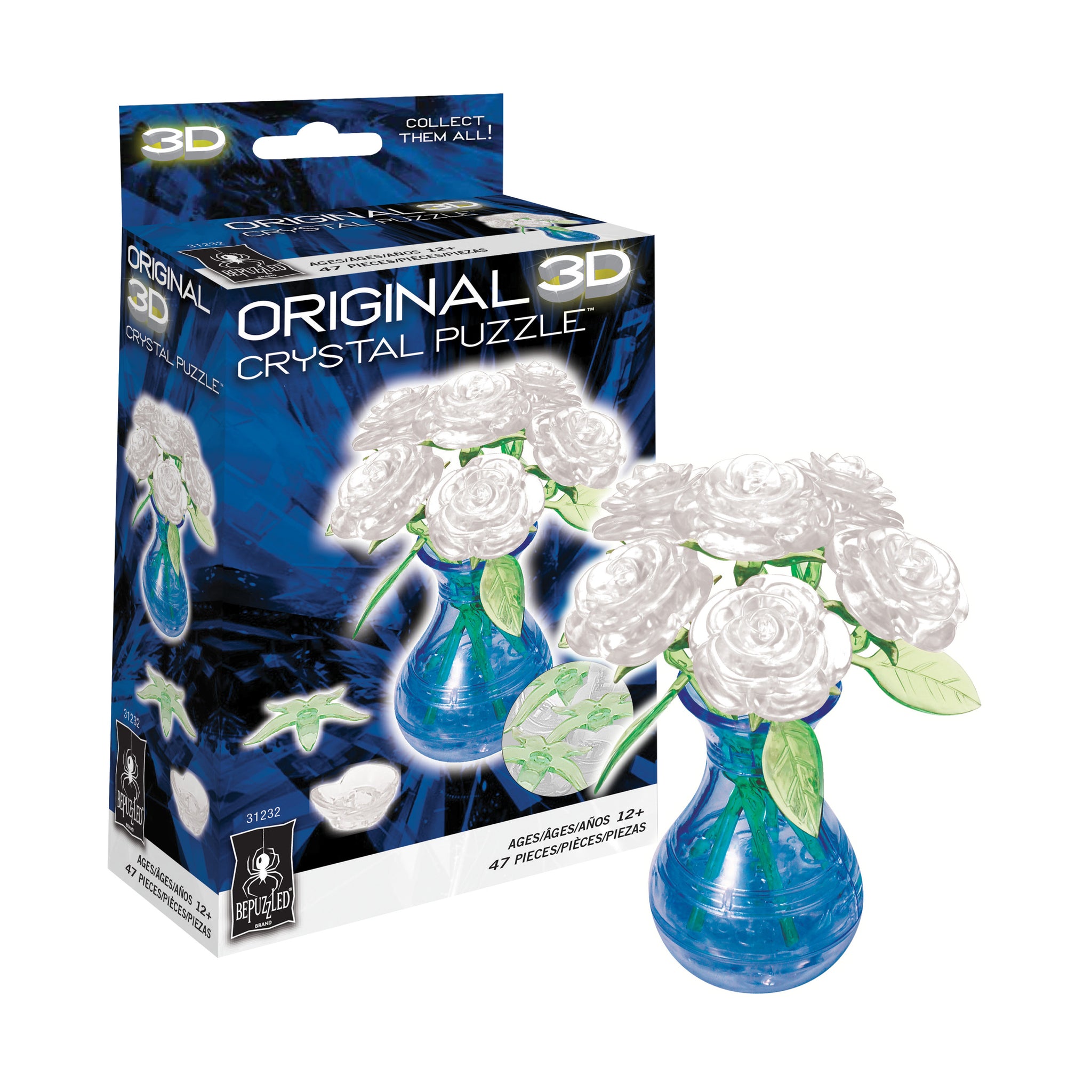 3D Crystal Puzzle - Roses in a Vase (White): 47 Pcs | AreYouGame