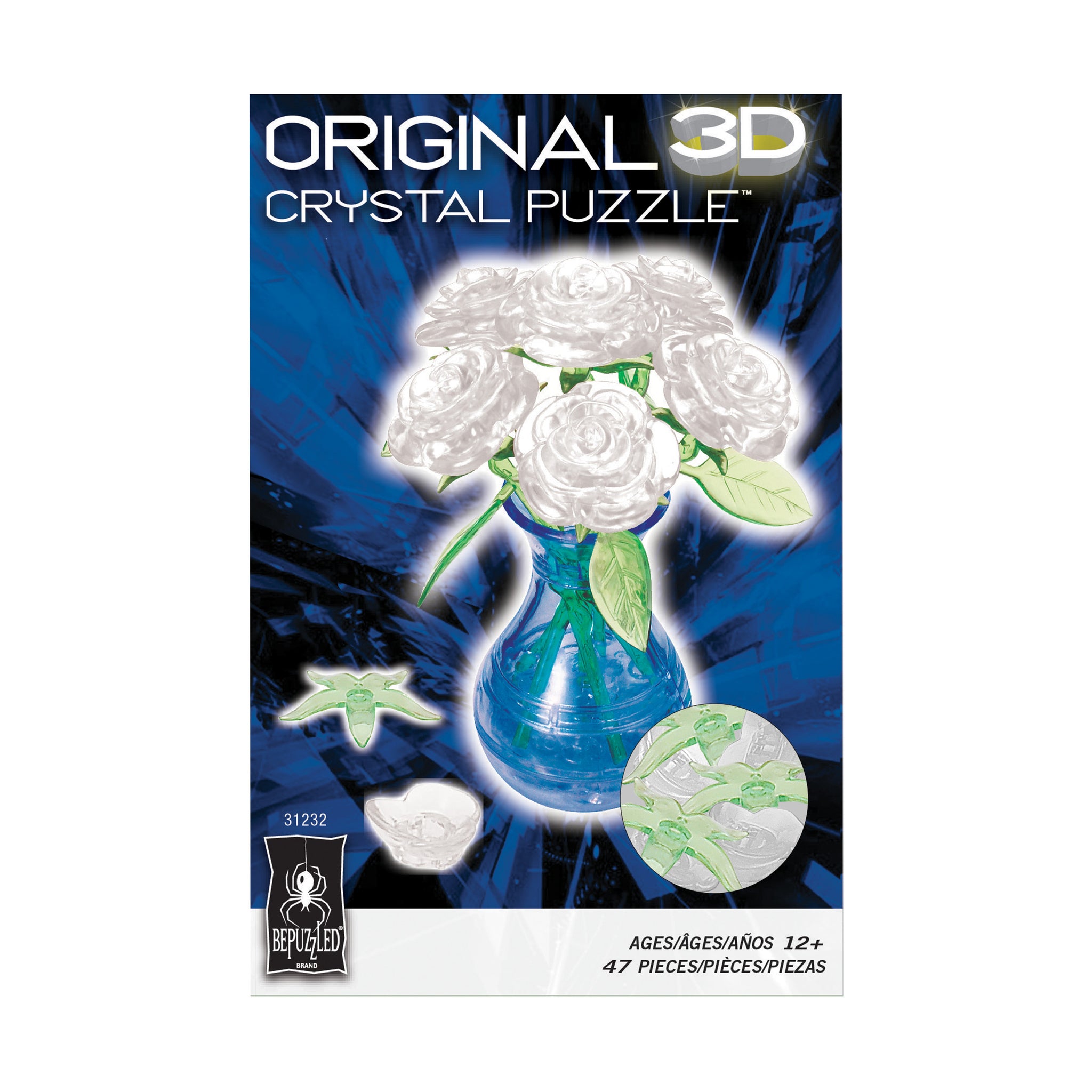 3D Crystal Puzzle - Roses in a Vase (White): 47 Pcs | AreYouGame