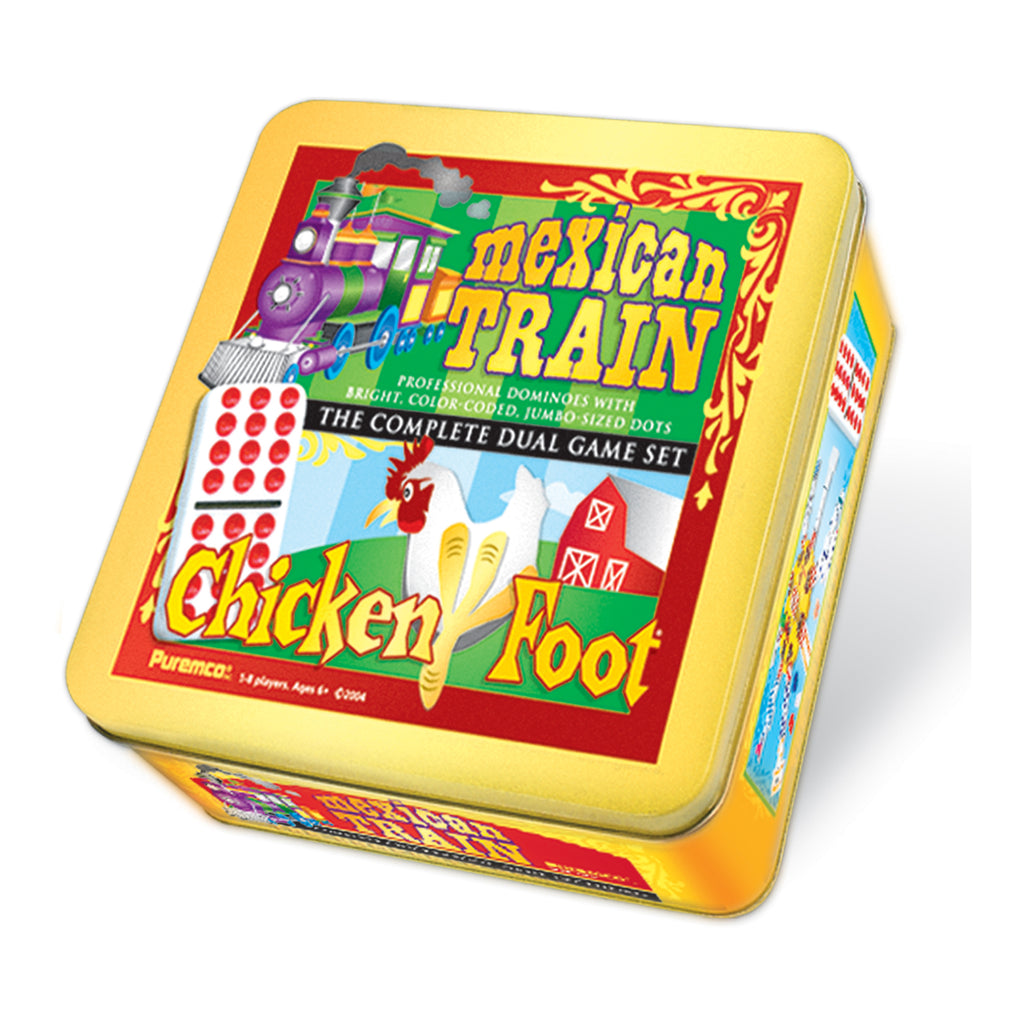 Puremco Mexican Train & Chickenfoot Dominoes - Complete Dual Game Set in a Tin