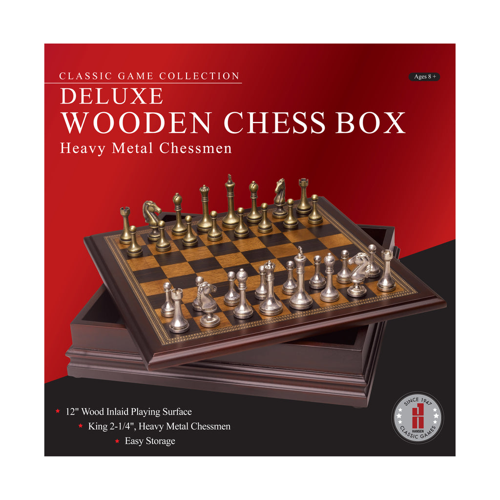 John N. Hansen Co. Classic Game Collection - Deluxe Wooden Chess Box with Heavy Metal Chessmen