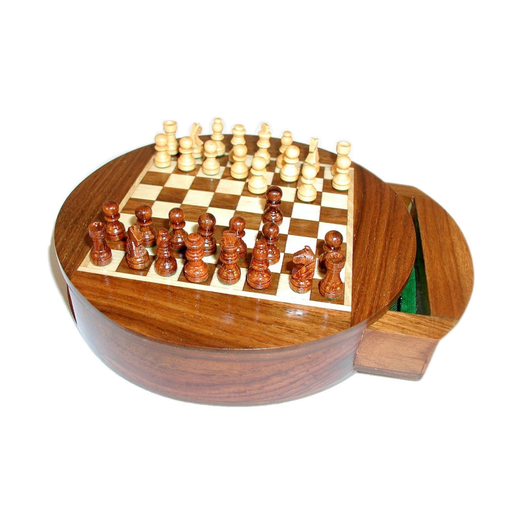 WorldWise Imports 6" Magnetic Round Wood Inlaid Chess Set with Slide Drawer