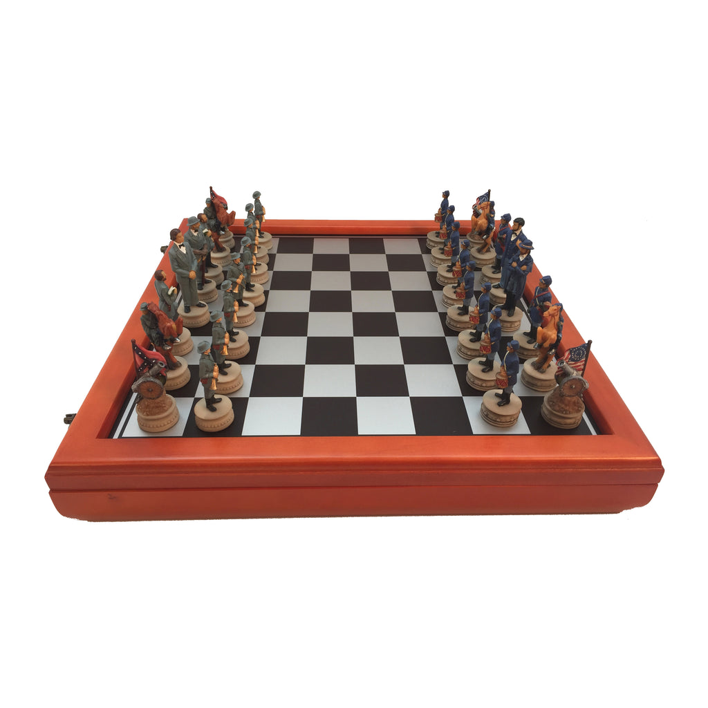 WorldWise Imports 3.25-inch Civil War Generals Painted Resin Men Chess Set with Cherry Stained Chest Board